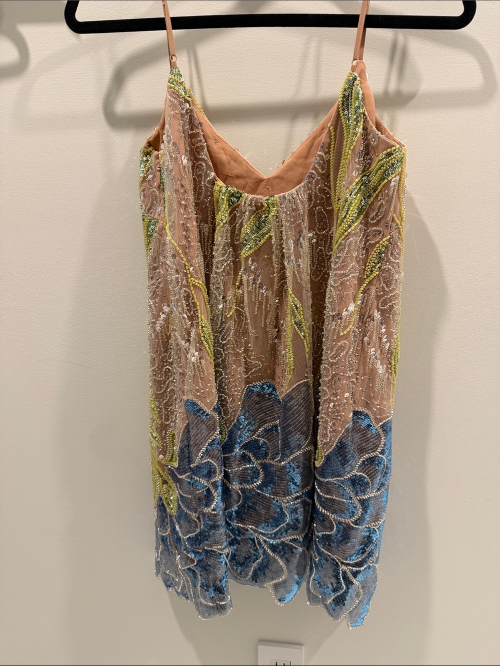 HELSI Lana Embellished Blush Slip Dress with Blue & Lime Beading - Picture 3 of 6